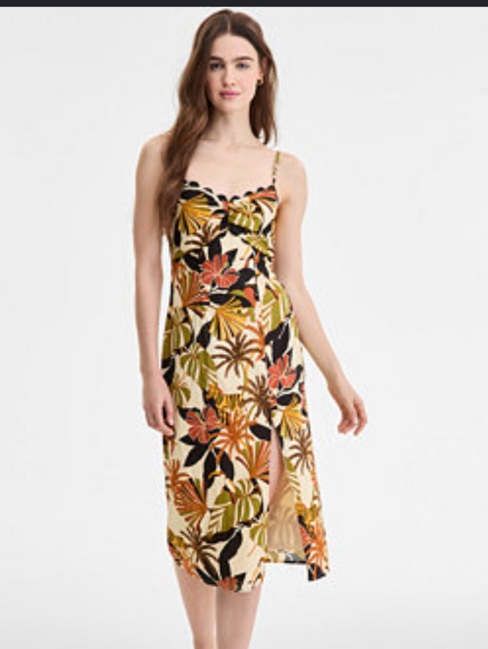 Row A NWT Tropical Tiger Floral Maxi Dress XS Cream Scallop Neck Resort Vacation